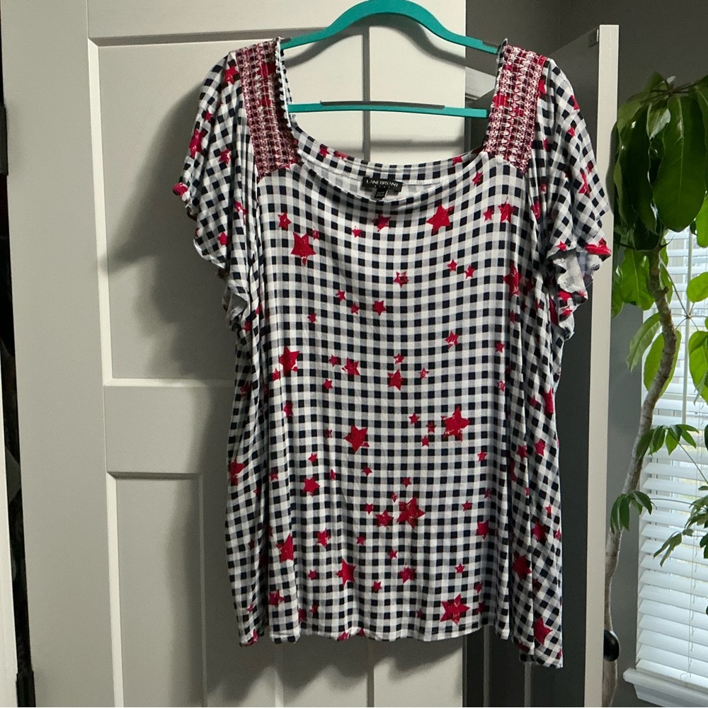 Lane Bryant Black and White Checkered Blouse with Red Floral Accents